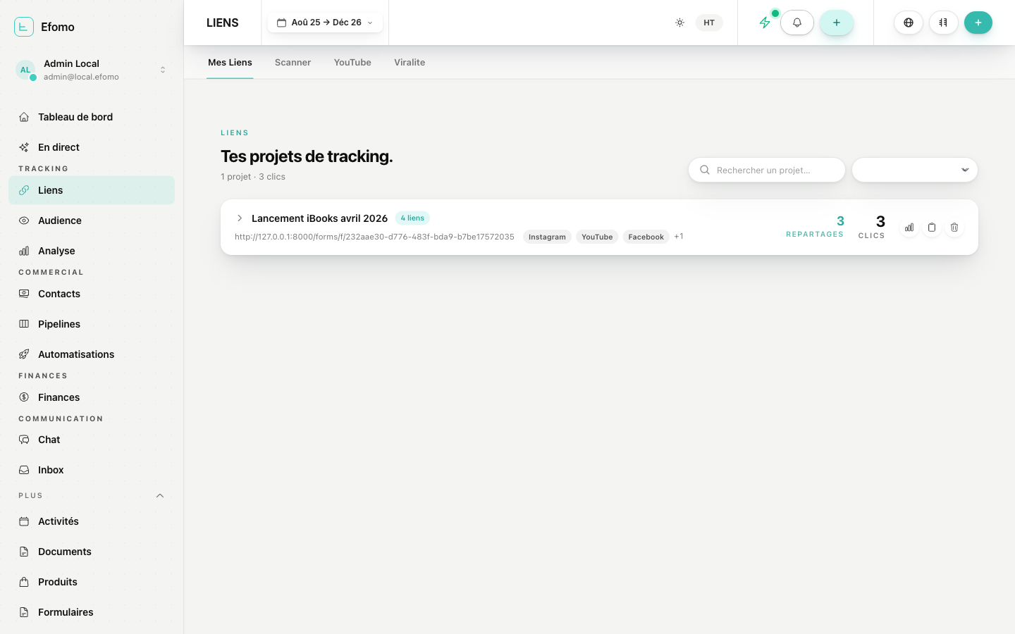 Hub de liens Efomo avec projets multi-canaux