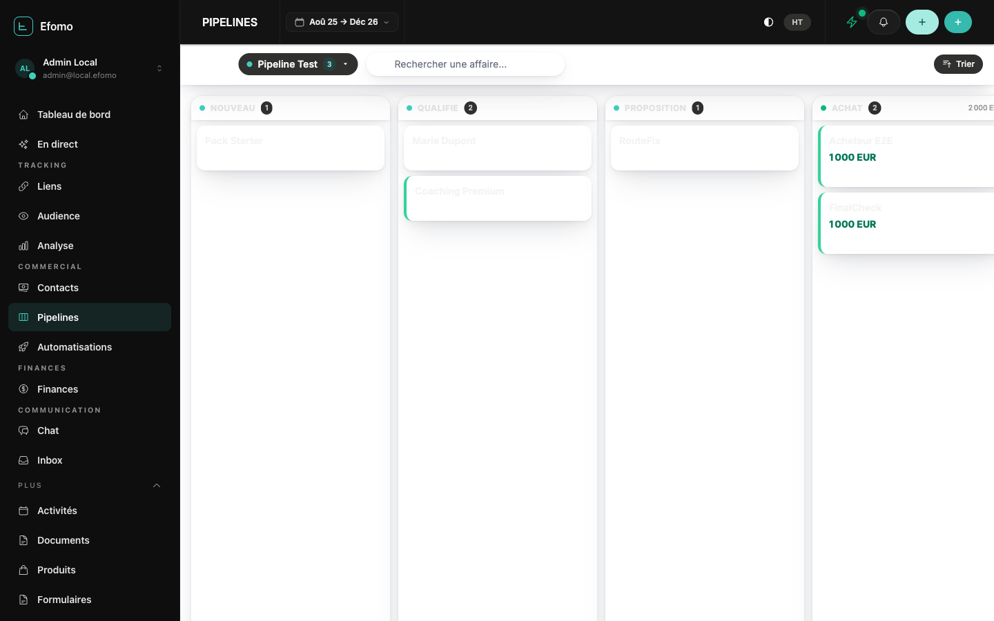 Pipeline kanban Efomo avec affaires en cours