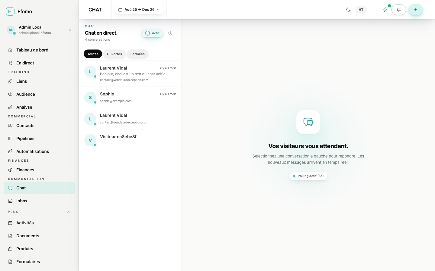 Chat live Efomo avec conversations actives