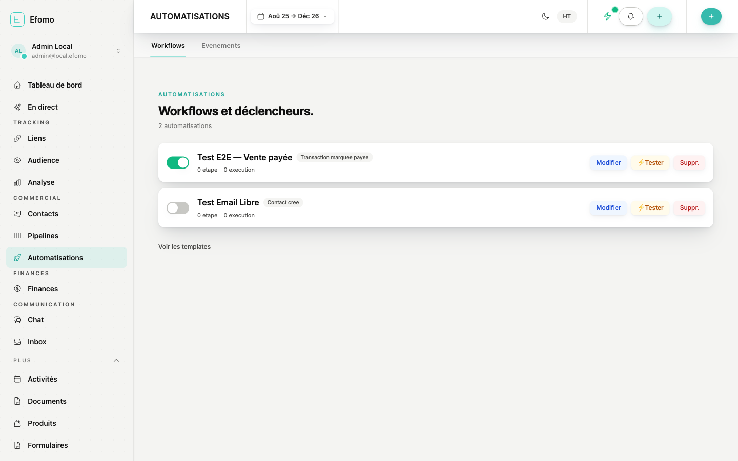 Module automatisations Efomo avec workflows actifs